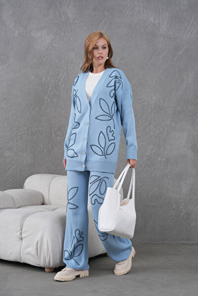 Miss Allos Women's Beaded Wide-Fit Knitwear Cardigan and Pants Bottom-Top Set