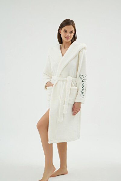 Sevim Women's Hooded Soft Textured Pocketed Belted Ecru Dressing Gown C0T8N071