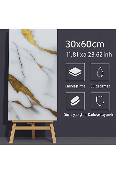 UKAB DEKOR Beyaz Altın Damarlı Mermer Görünümlü Kendinden Yapışkanlı Duvar Paneli 30x60 cm