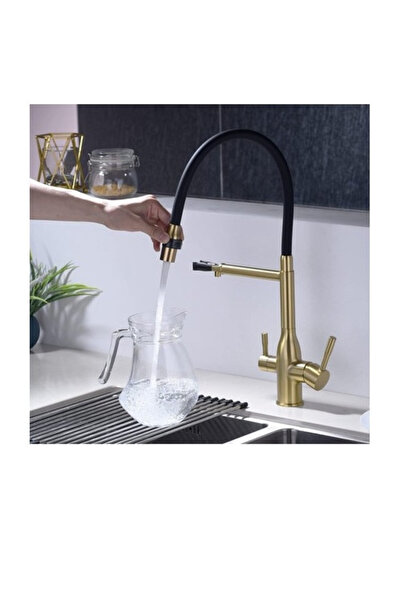 BisDesign ® Kitchen Sink Faucet, Filtered Water Function, Flexible Shower, 2 Flow, Matte Gold, 48 cm