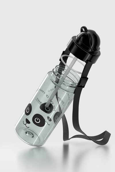 Renga Taffy Patterned 500 ml Tritan Children's Water Bottle with Strap and Straw 912080 Black