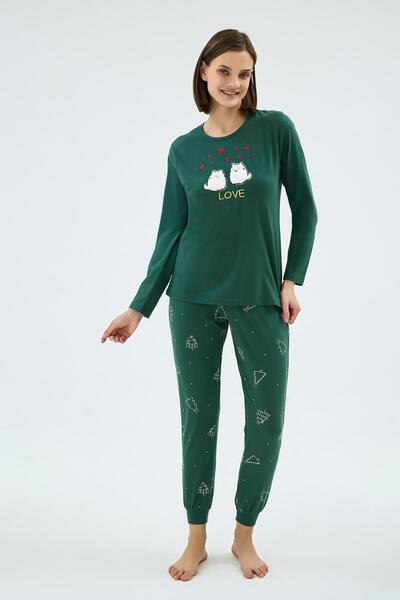 Sevim Women's Long Sleeve Printed Top Jogger Leg Green Pajama Set C9T7N071