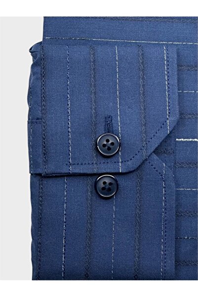 KAMER Men's Slim Fit Long Sleeve 100% Cotton Buttoned Collar Without Pocket Striped Navy Blue Shirt 2409L