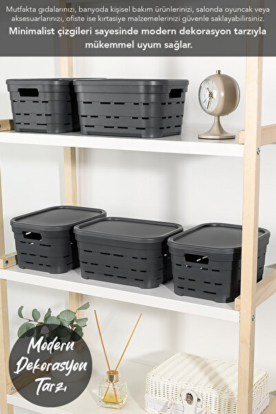 Meleni Home 4-Piece Lid Hole-Punched Decorative Pyramid Storage Box - Closet Organizer Organizer 3.8 Lt Anthracite