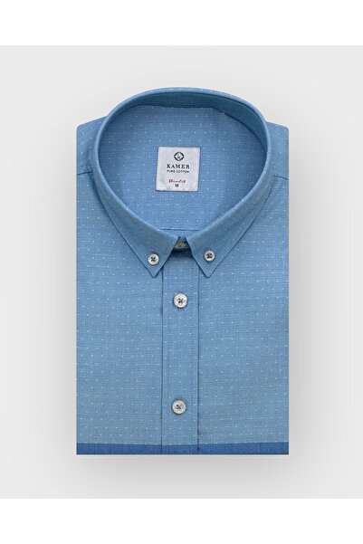 KAMER Men's Slim Fit Long Sleeve 100% Cotton Buttoned Collar Without Pocket Panel Patterned Blue Shirt 2410m