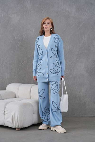 Miss Allos Women's Beaded Wide-Fit Knitwear Cardigan and Pants Bottom-Top Set