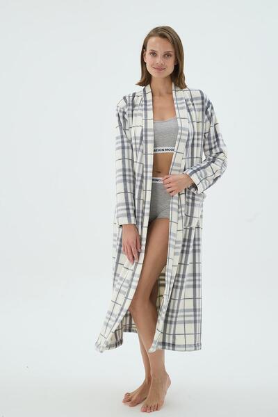 Sevim Women's Plaid Patterned Long Sleeve Belted Fleece Dressing Gown C0T9N271