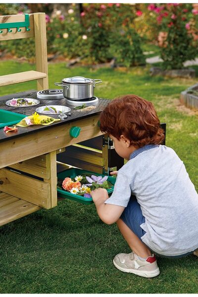 Hape Wooden Outdoor Mud Kitchen Playset | FSC-Certified Kids Cooking Toy with Sink, Stove & Accessor