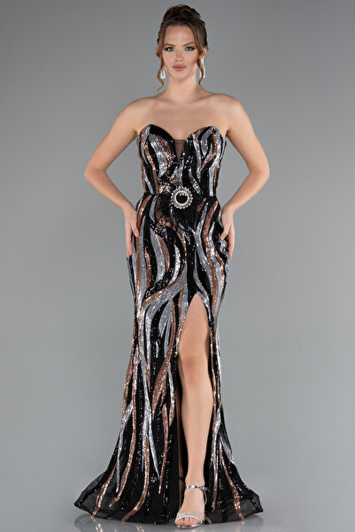 Abiyefon Siyah Straplez Yırtmaçlı Uzun Pul Payet Büyük Beden Abiye ABU5025