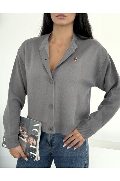 NOA LİNE Soft Textured Anthracite Knit Cardigan with Teddy Bear Detail