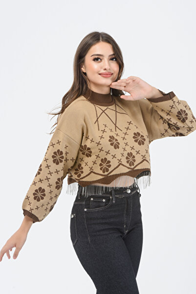 H&E LUXURY DESIGN Women's Camel Brown Chain-Patterned Cropped Knit Sweater