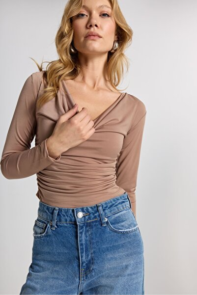 Ulino Uzun Kollu Degaje Yaka Örme Bluz