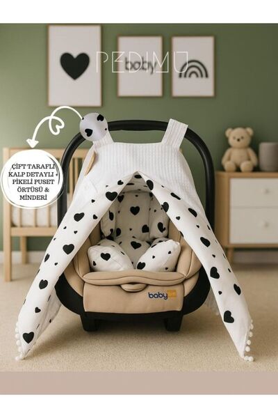 Pedimu Double-Sided Baby Stroller Cover & Cushion Set of 2 – Waffle Pike & Black Heart Poplin – Special Pouch Gift