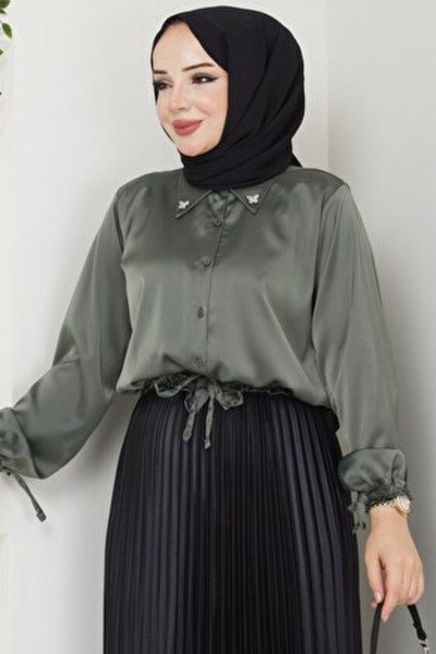 Tesettür Diyarı Women's Satin Hijab Shirt with Embellished Collar, Sleeves an...