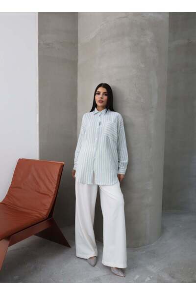 Hatun Atila Cămașă din muselină cu mâneci lungi în dungi 5194 Albastru