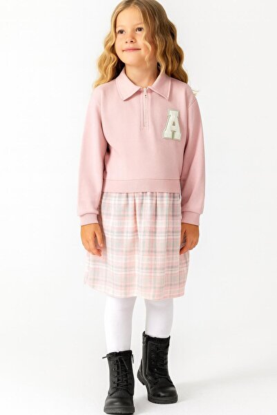RAPAPA Girl's Pink Polo Neck Sweatshirt-Look Plaid Patterned Dress-1706 P