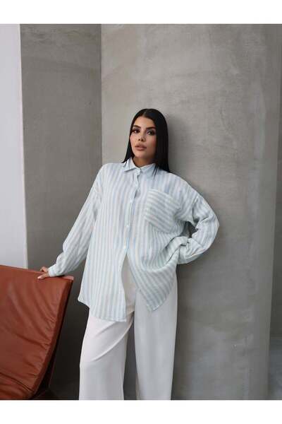 Hatun Atila Cămașă din muselină cu mâneci lungi în dungi 5194 Albastru