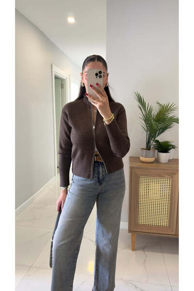 BİRCANÇİL Nenna Brown Melange Zippered Cardigan