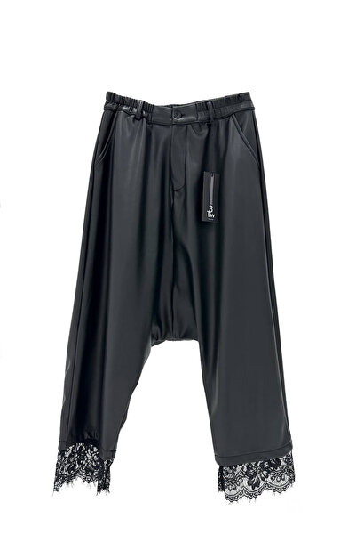 tw3 Pantaloni largi din piele artificială pentru femei, cu detaliu din dantelă