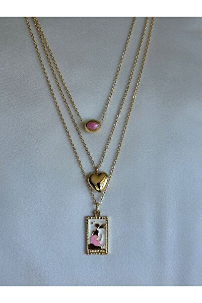 Luz De Viento Pembe Tarot Kart Ve Zirkon Taşlı Kalp 3'lü Gold Zincir Kolye Kombin