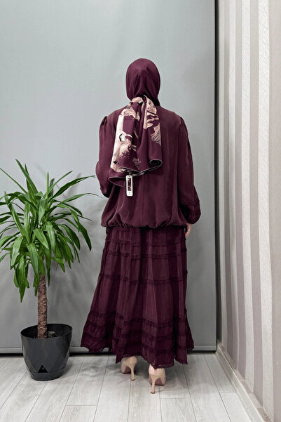 MissWhence Guipure Detailed Blouse Skirt Set Burgundy 37005