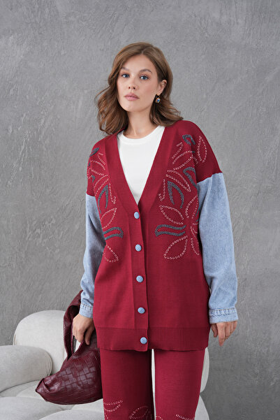 Miss Allos Women's Sleeves Denim Detailed Beaded Wide Fit Knitwear Cardigan and Pants Bottom-Top Set