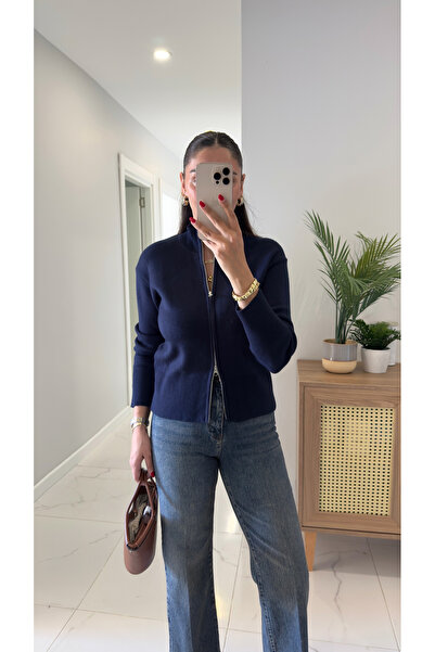 BİRCANÇİL Nenna Navy Blue Zippered Cardigan