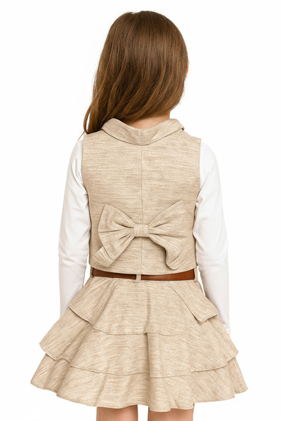 Merdia Girl's Linen Vest, Skirt and White Blouse 3-Piece Set (with Belt Accessory)