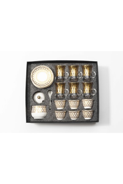 Bin Shihoun 21-piece tea and coffee serving set with a distinctive rose gold pattern