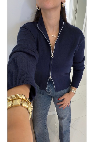 BİRCANÇİL Nenna Navy Blue Zippered Cardigan