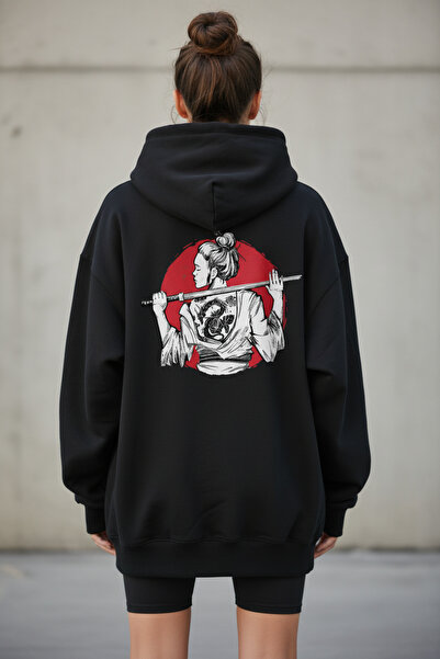 BRF Collection هوديي ساموراي قصة فضفاضة للجنسين – سويت شيرت أسود بغطاء رأس