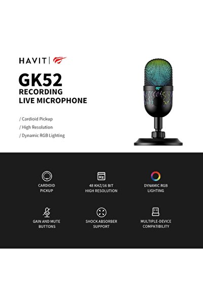 Havit GK52 Live Recording Microphone, Black - Cardioid Pickup Pattern