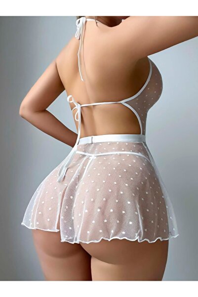 DOSESA Lace Embroidered Bow Detail Chiffon Lightly Textured Stylish Nightgown