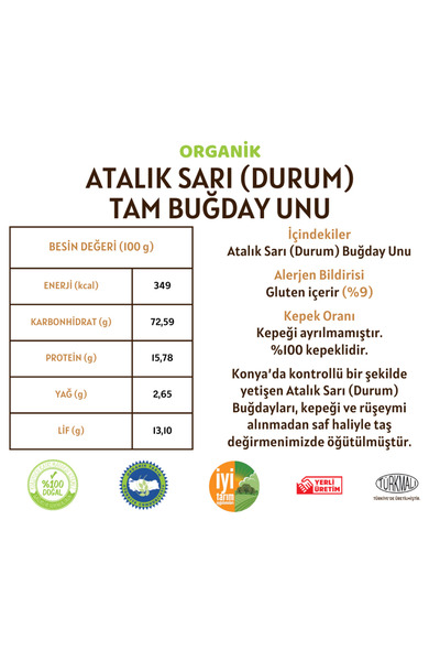 Taş Değirmenden Organik Organik Atalık Sarı (Durum) Tam Buğday Unu - 5 Kilo