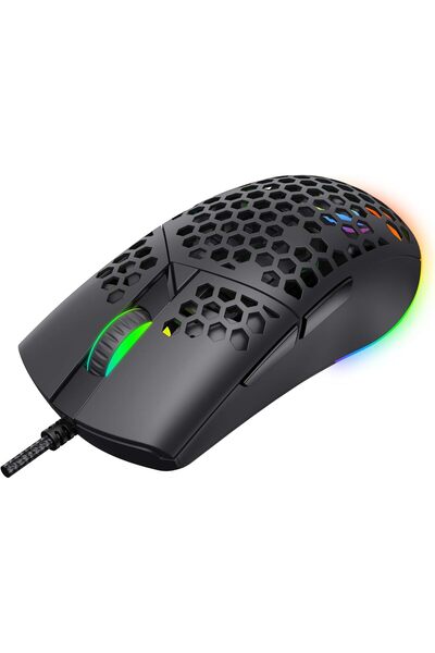 Havit ماوس ألعاب سلكي RGB ماوس ألعاب خفيف الوزن للغاية مع هيكل قرص العسل قابل للتعديل بدقة 7200 نقطة في البوصة و7 برامج
