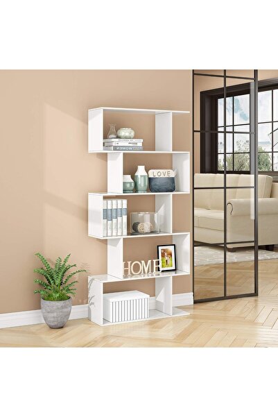 Modern home 5-Tier Geometric Bookshelf White, 62.5" Tall Wood S-Shaped