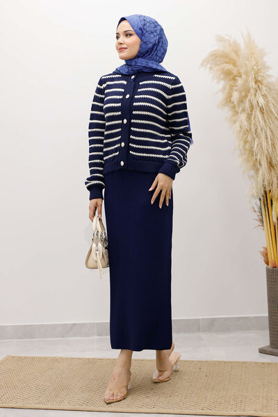 Tesettür Dünyası Striped Knitwear Cardigan Tsd250228 Navy Blue