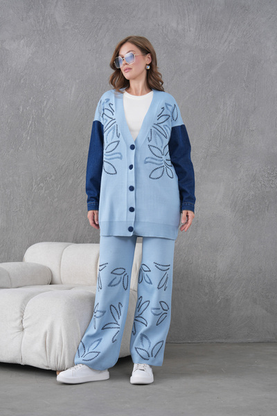 Miss Allos Women's Sleeves Denim Detailed Beaded Wide Fit Knitwear Cardigan and Pants Bottom-Top Set