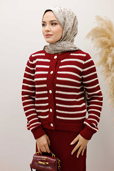 Tesettür Dünyası Striped Knitwear Cardigan Tsd250228 Claret Red