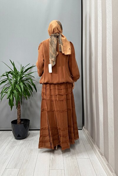 MissWhence Guipure Detailed Blouse Skirt Set Cinnamon 37005