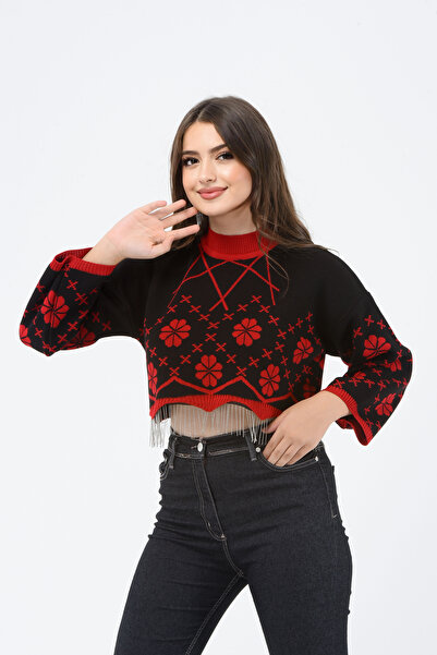 H&E LUXURY DESIGN Women's Red and Black Chain Patterned Crop Knit Sweater