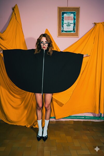 melongeneco Siyah polar panço kolsuz uzun fermuar boğazlı özel tasarım ürün