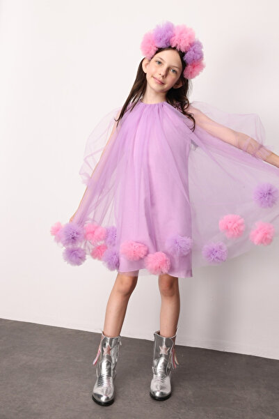 Le Mabelle Lilac Long Sleeve Skirt with Pompom Detail Girls' Dress - Kathy