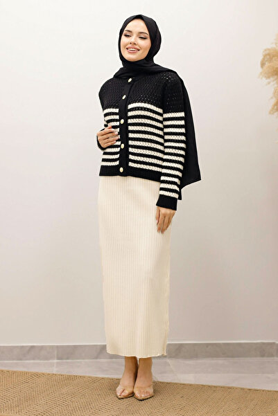 Tesettür Dünyası Striped Perforated Knit Cardigan Tsd250219 Black