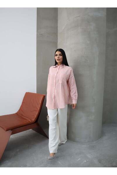 Hatun Atila Striped Long Sleeve Muslin Shirt 5194 Pink