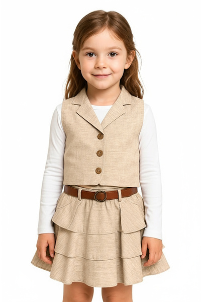 Merdia Girl's Linen Vest, Skirt and White Blouse 3-Piece Set (with Belt Accessory)