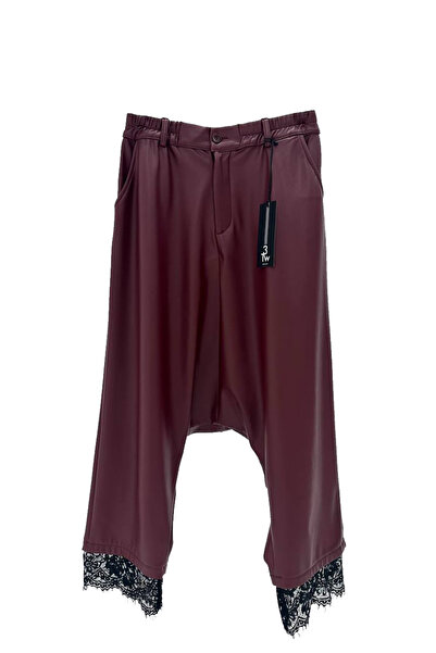 tw3 Pantaloni largi din piele artificială pentru femei, cu detaliu din dantelă