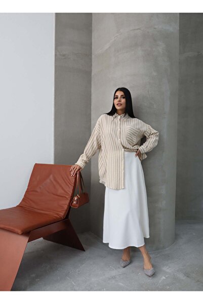 Hatun Atila Cămașă din muselină cu mâneci lungi în dungi 5194 Bej