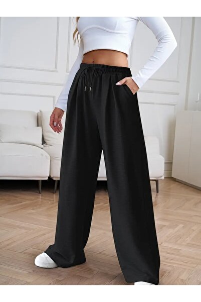 LAUSRA Γυναικείο μαύρο παντελόνι μεγάλου μεγέθους φαρδύ φαρδύ παντελόνι SIX S...