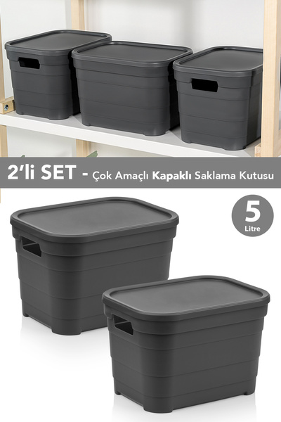 Meleni Home 2 Adet Kapaklı Dekoratif Piramit Saklama Kutusu - Dolap Düzenleyici Organizer Kutu 5 Litre Antrasit